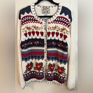 Women Knitted Cardigan Sweater Large Red Hearts Heirloom Collectibles Vintage